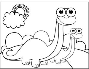 A brontosaurus and his baby stand and smile in this printable coloring page for