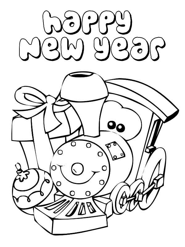A Cute Little Train Says Happy New Year Coloring Page Free