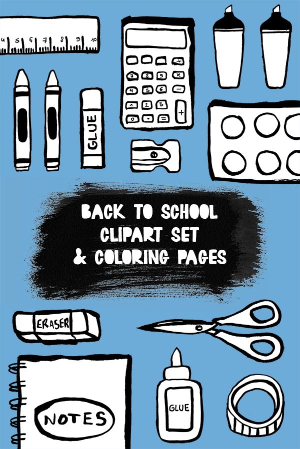 Back to school clipart 25 black white clipart elements and 3 coloring pages