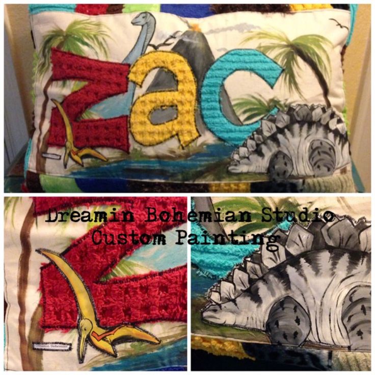 Custom Prehistoric Applique Name Pillow with Dinosaurs Palm Trees and your Imag