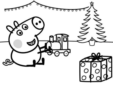 George Plays with Xmas Train Coloring page