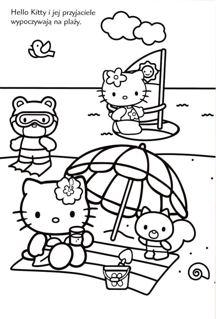 Hello Kitty at the beach in black and white