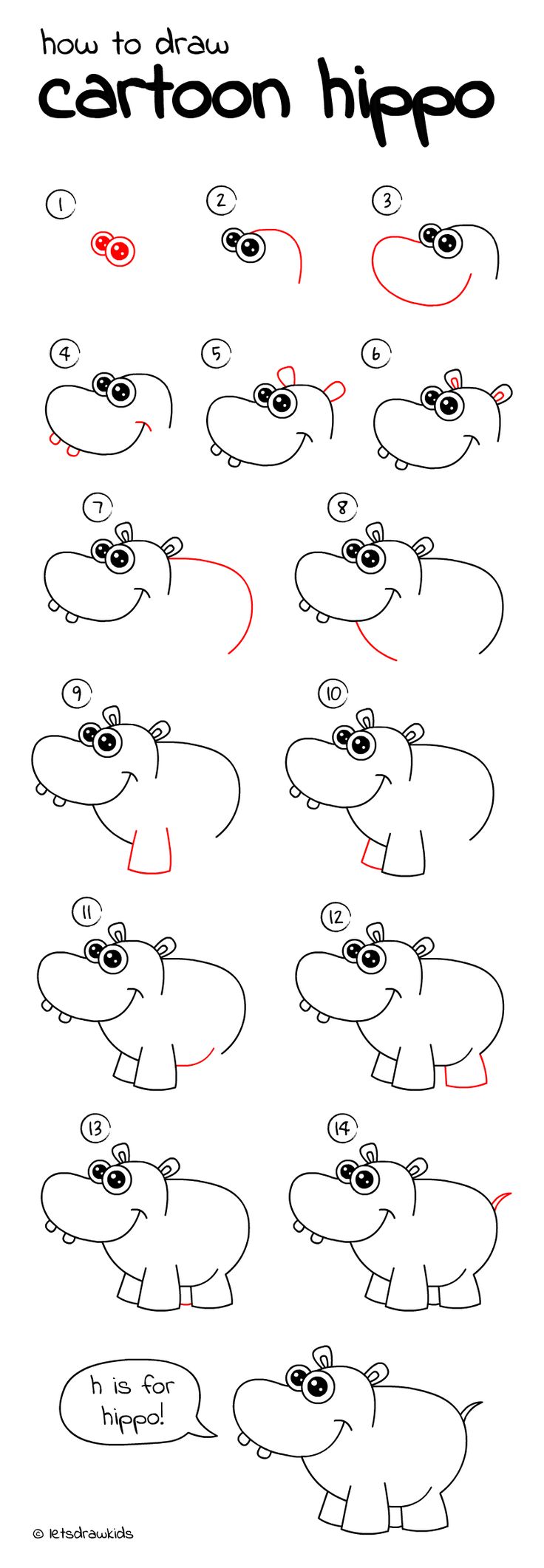 How to draw Cartoon Hippo. Easy drawing step by step perfect for kids Lets d