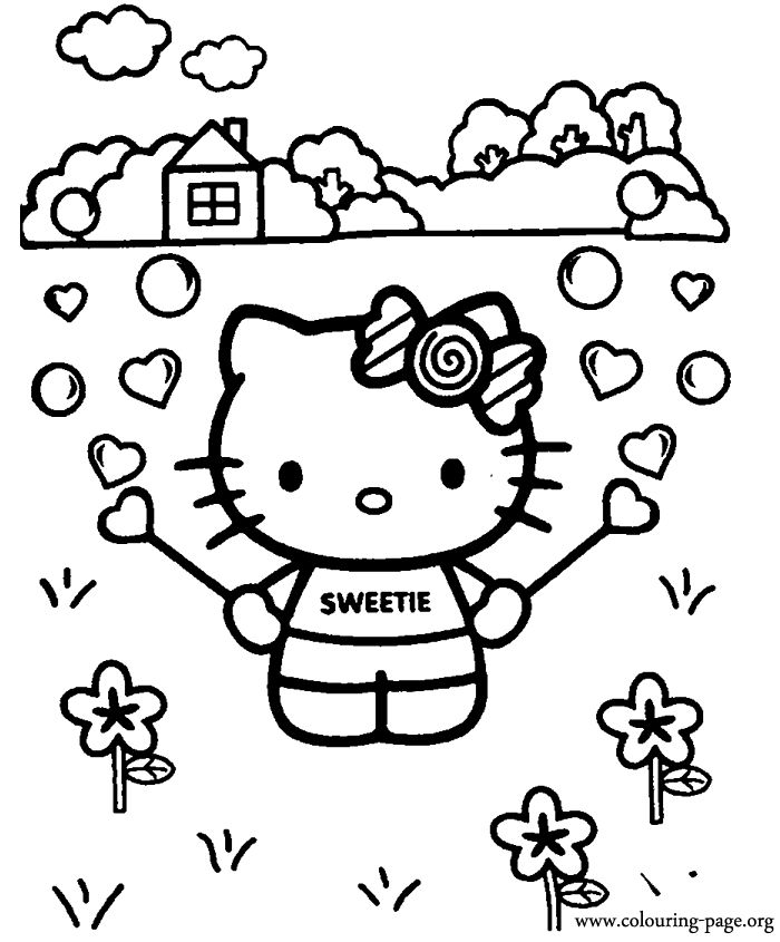 In this coloring page Hello Kitty is having fun playing with a bubble blower W