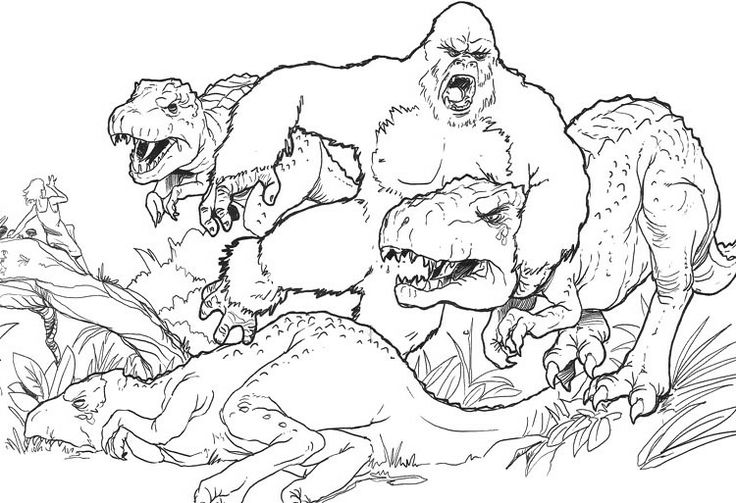 King Kong Fighting With Dinosaurs Coloring Page