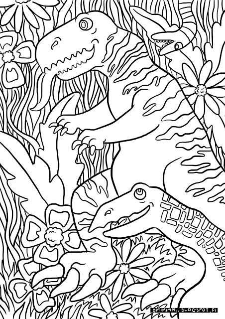 OPTIMIMMI A free coloring page of dinosaurs in a jungle Ilmainen värityskuv