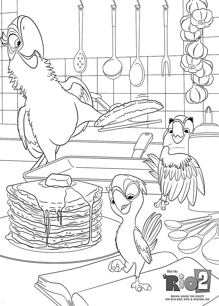 Parrots cooking coloring pages for kids printable free Rio 2 cartoon