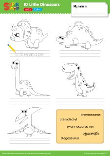 Practice writing the names of different dinosaurs with this downloadable workshe