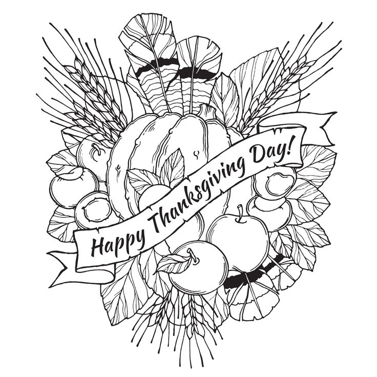 Thanksgiving day drawing to print and color with feathers chestnuts vegetabl