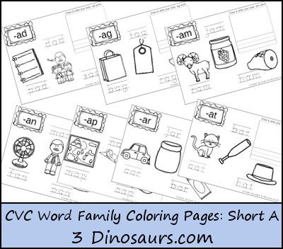 These FREE CVC Word Family Coloring Pages Short A Vowel printables from 3 Dinos