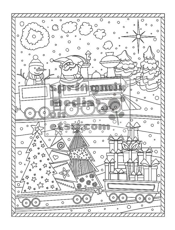 This Christmas Santa Train coloring page is so pretty fun and holiday detailed