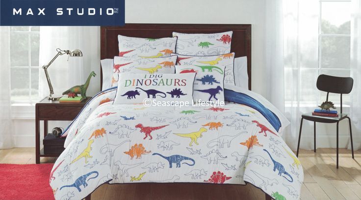 This is a VERY COLORFUL comforter set featuring a wide variety of dinosaurs som