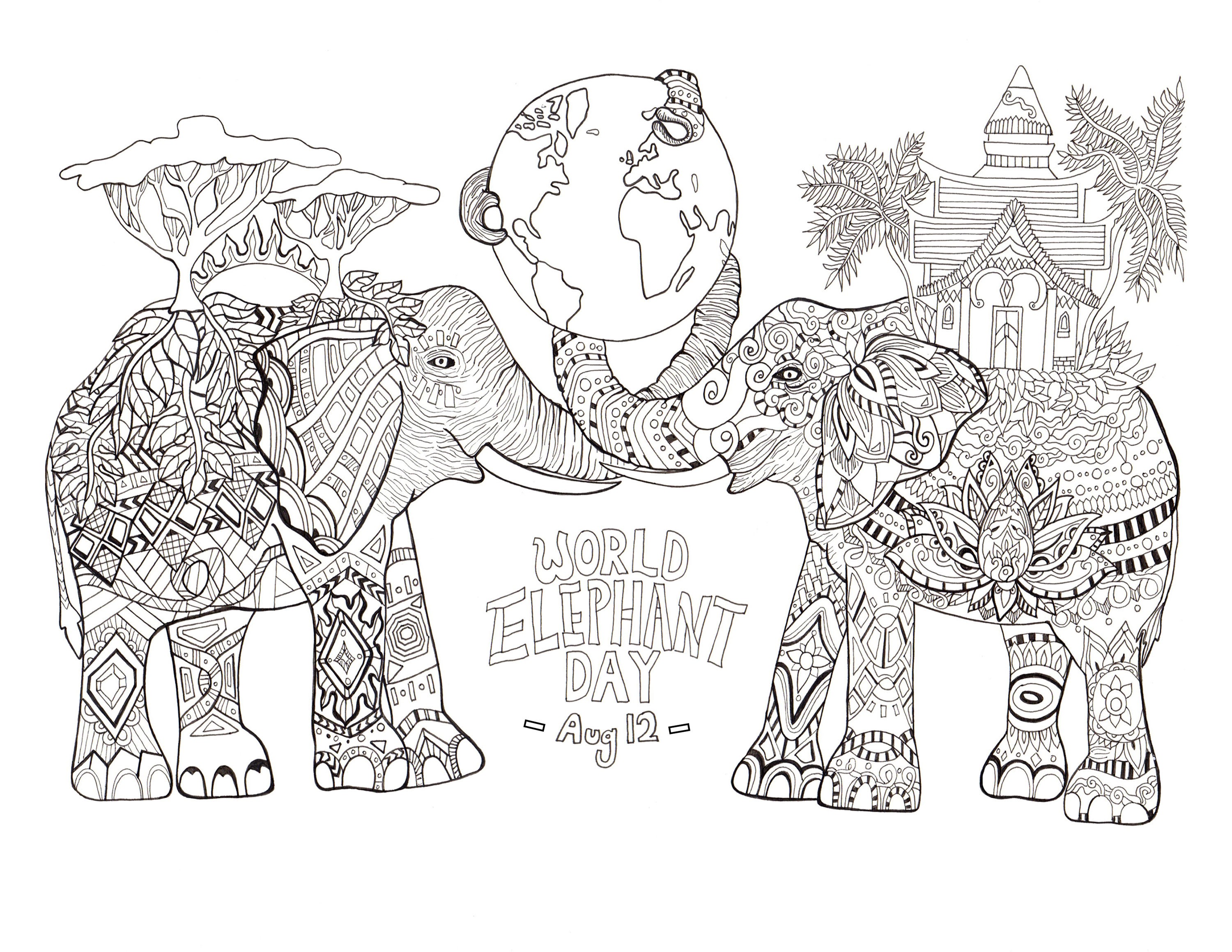 Coloring page drawn by Rylee Postulo for the World Elephant Day Aug 12