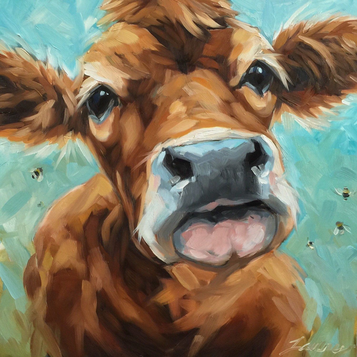 Cow painting Original impressionistic oil painting of a cow and bees by Andrea Lavery 12x12" on panel paintings of cows and farm animals by LaveryART on