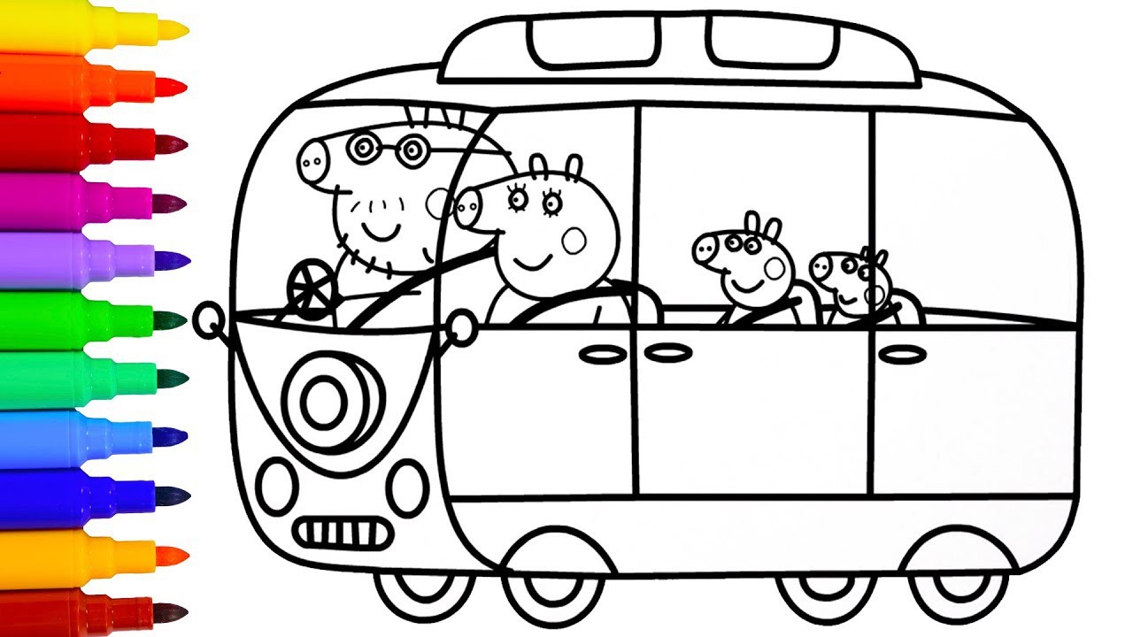How to Draw Peppa Pig Family Campervan Coloring Pages for Kids Learning Colors with Colored Markers
