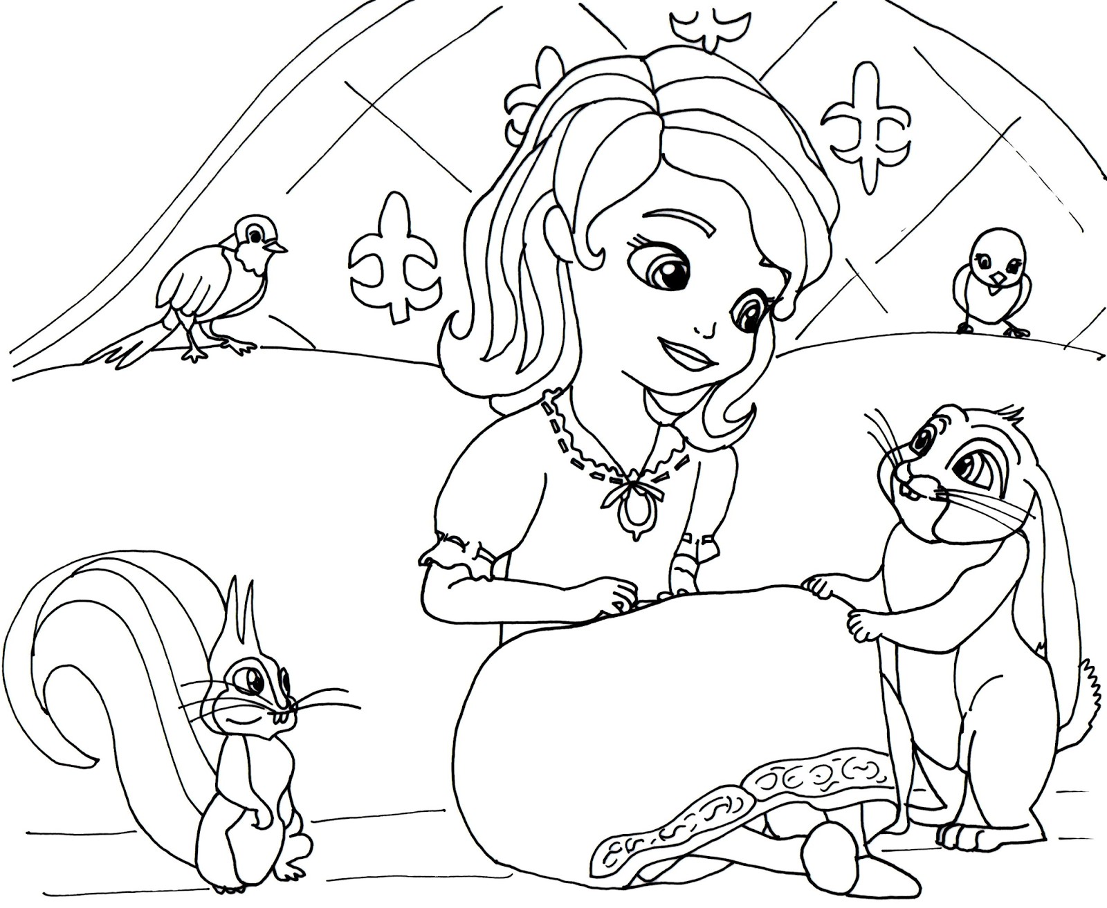 here to print Sofia the first coloring page in her night gown outfit with her pets Mia Robin Whatnaught and Clover