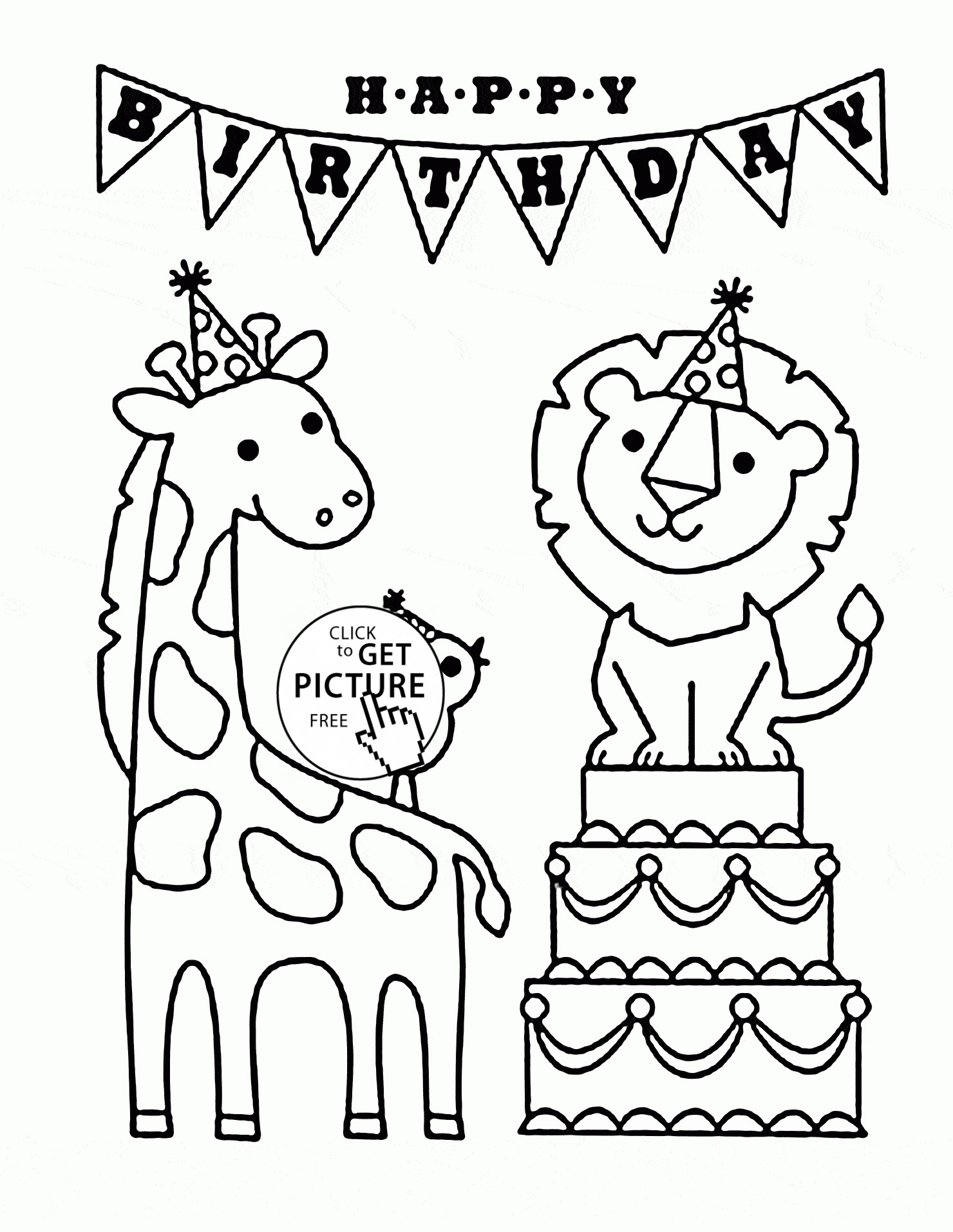 Happy Birthday and Funny Animals coloring page for kids holiday coloring pages printables free Wuppsy