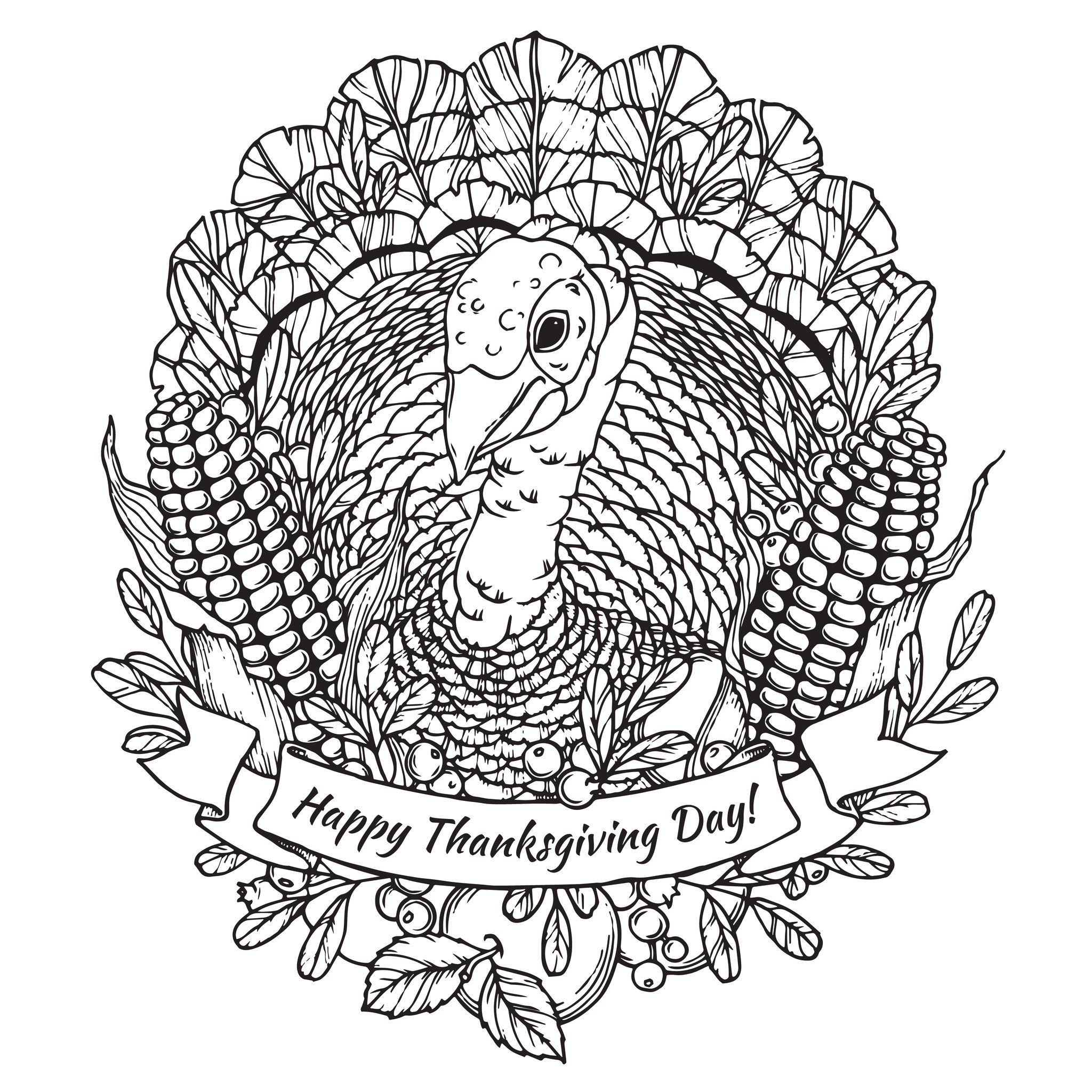 Thanksgiving day coloring page with turkey ve ables corn and fruits