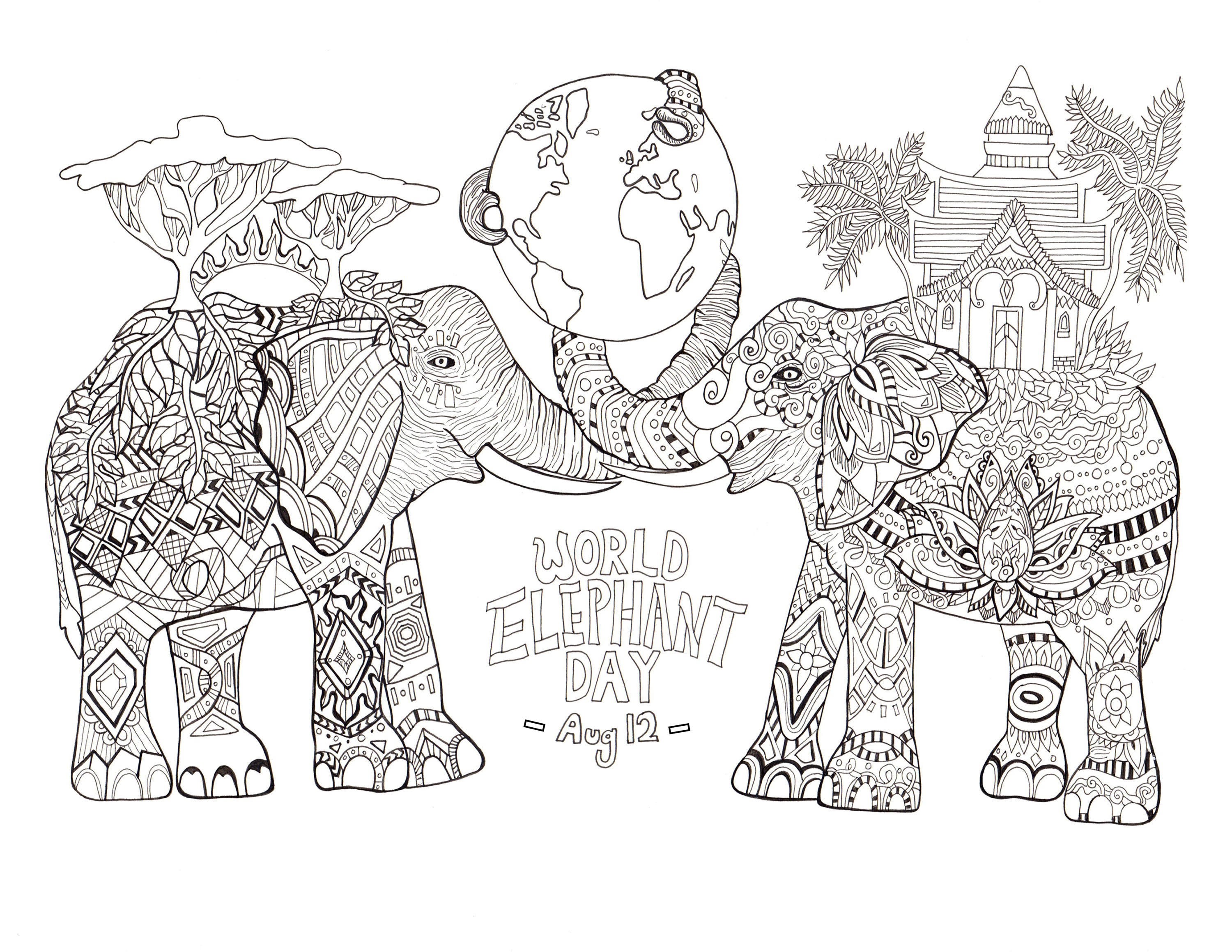 Wild Animal Coloring Page Unique World Elephant Day Elephants Adult Coloring Pages