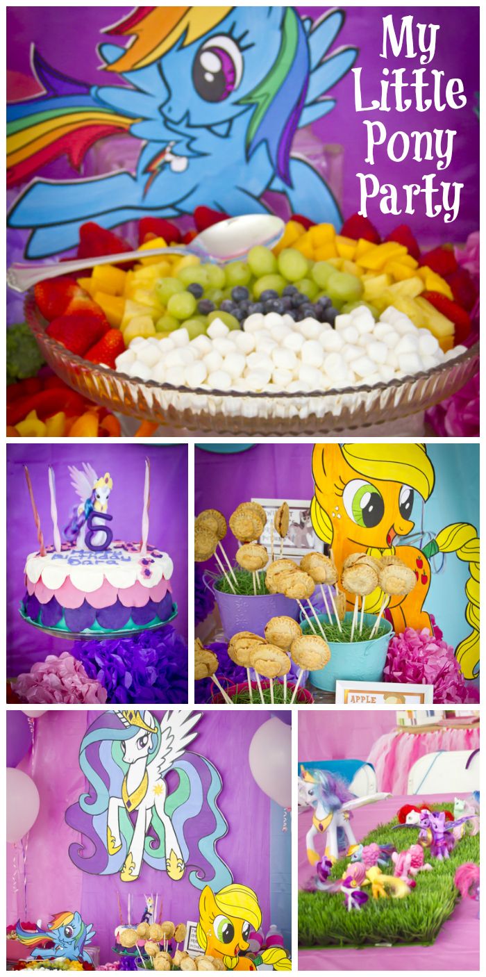 A fun My Little Pony girl birthday party with rainbow fruit a fondant cake and