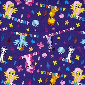 My Little Pony Ponies And Names On Purple Cotton Fabric