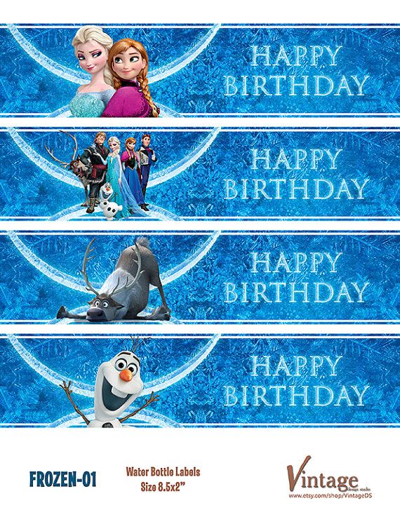 Free Printable Disney Frozen Birthday Party Water Bottle Wrappers by VintageDS