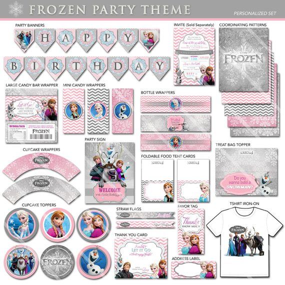 Frozen Birthday Party Package Pink Grey Chevron Printable Invitation Avail