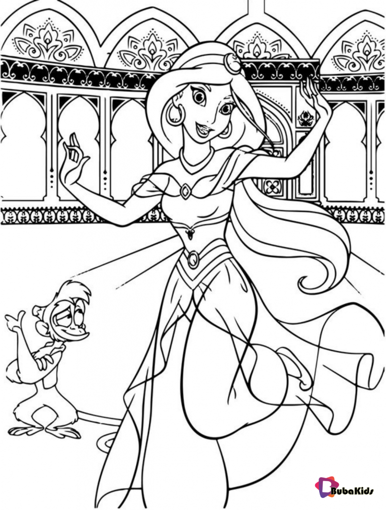 Princess Jasmine And Abu Dancing Aladdin Coloring Page