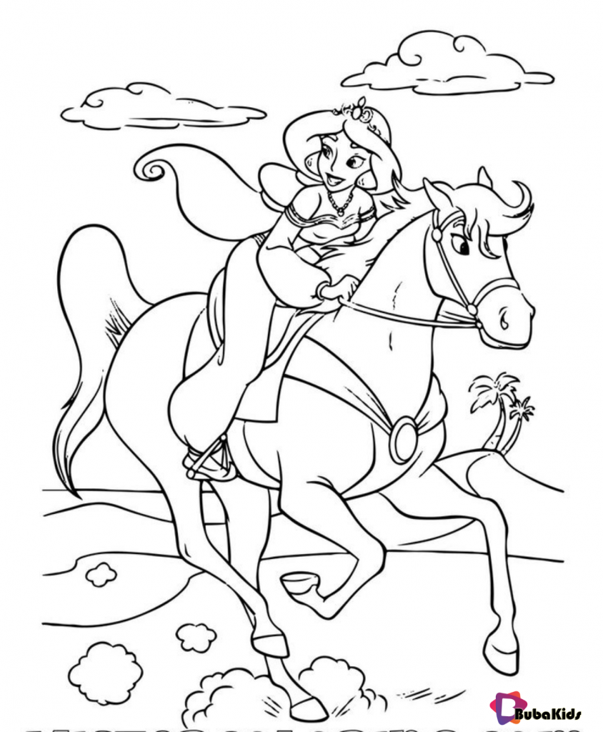 Princess Jasmine Riding Sahara Aladdin Coloring Page bubakids