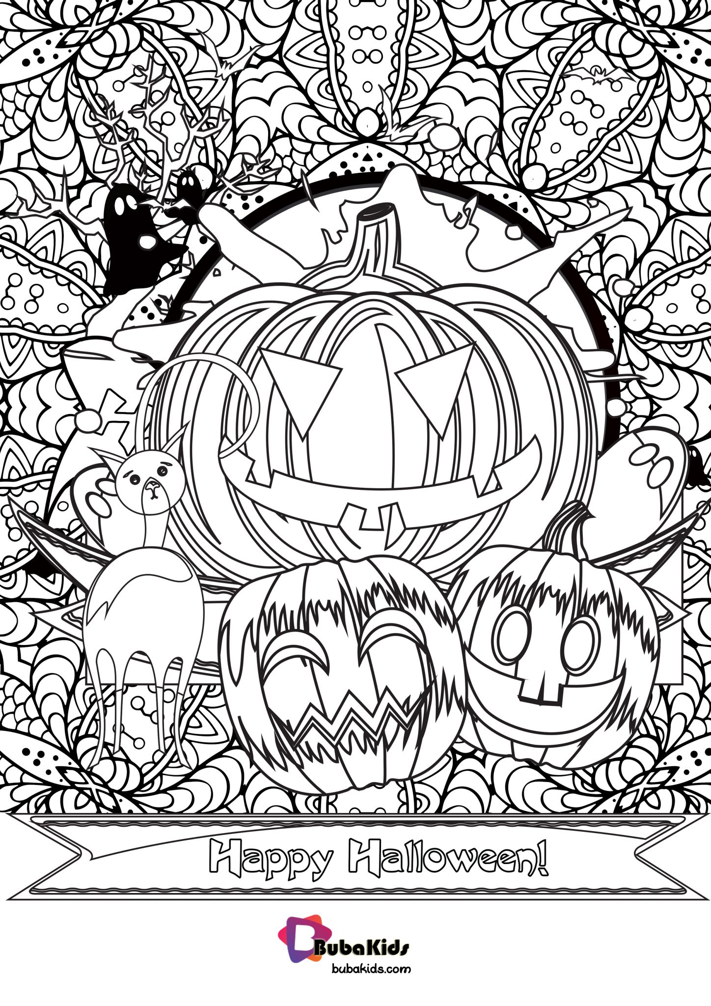 Happy Halloween Pumpkin and Cat Coloring Page