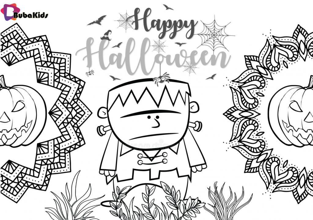 Mandala halloween pumpkins and frankenstein printable coloring page