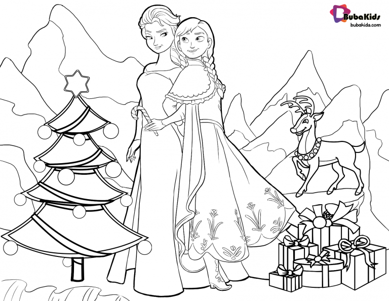 Frozen Queen Elsa and Princess Anna Christmas coloring page.