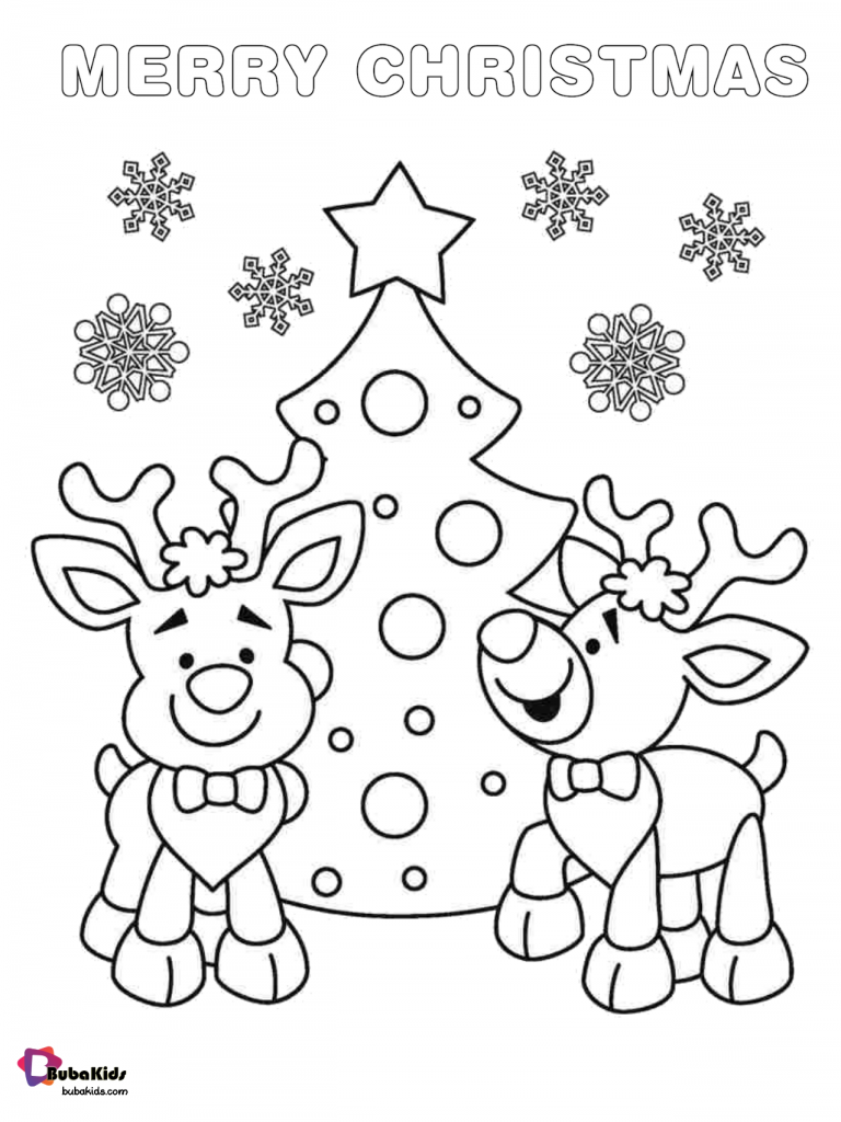 Reindeers with christmas tree merry christmas coloring pages