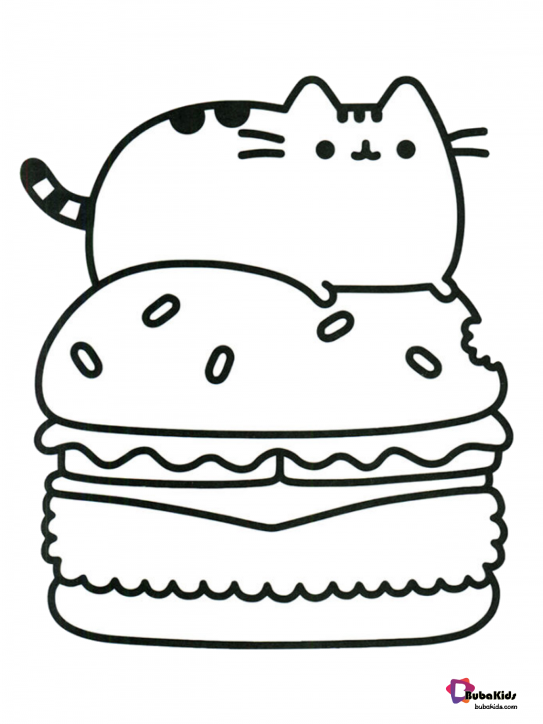 pusheen with burger coloring page