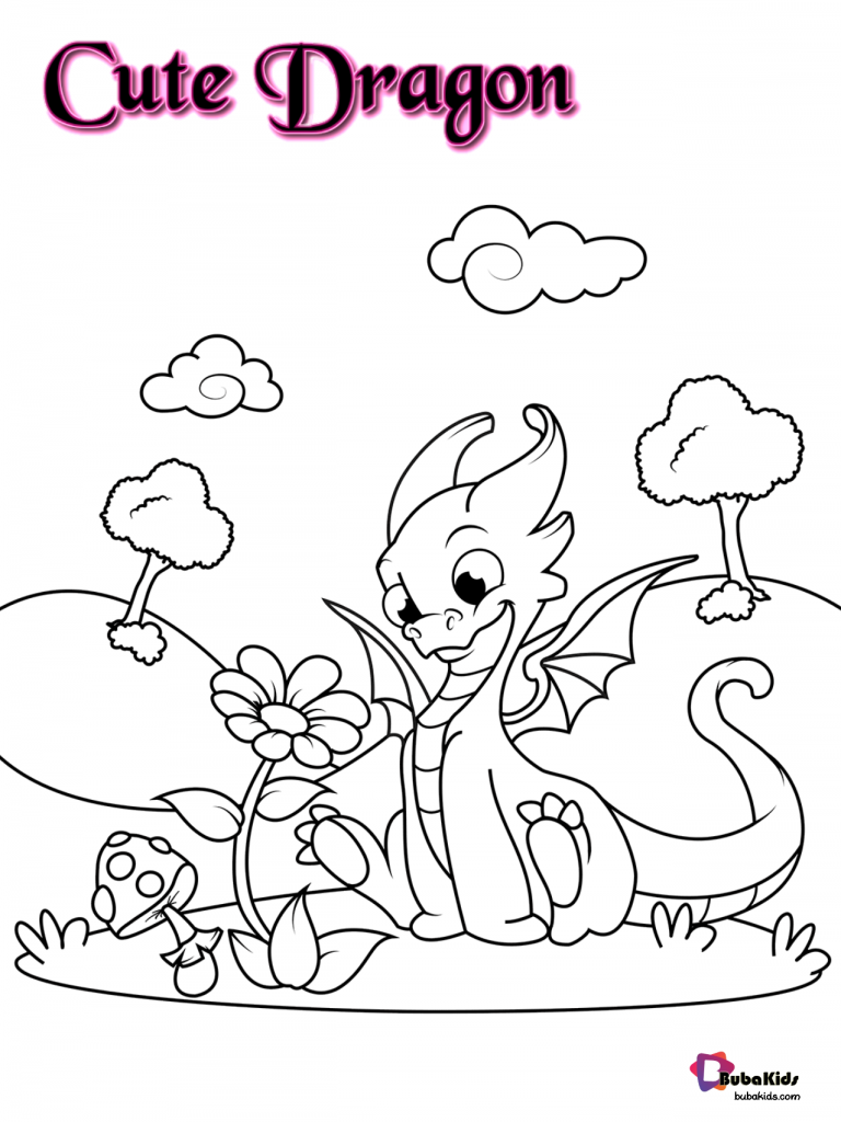 free and printable cute dragon and flowers coloring page