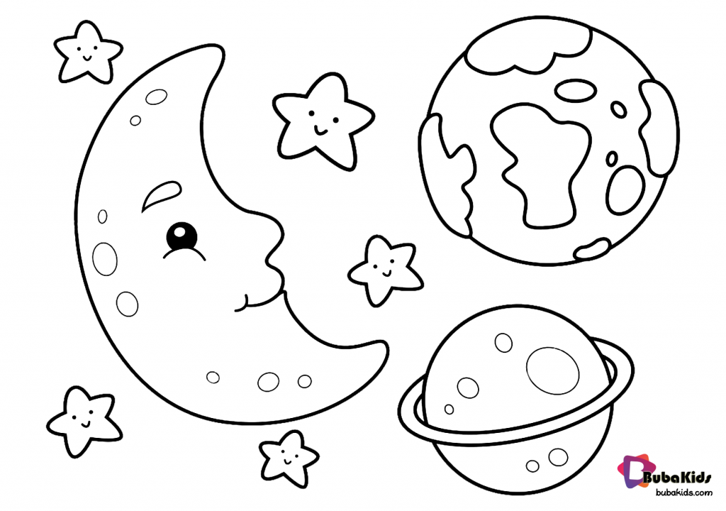 moon earth stars and saturn outer space coloring page