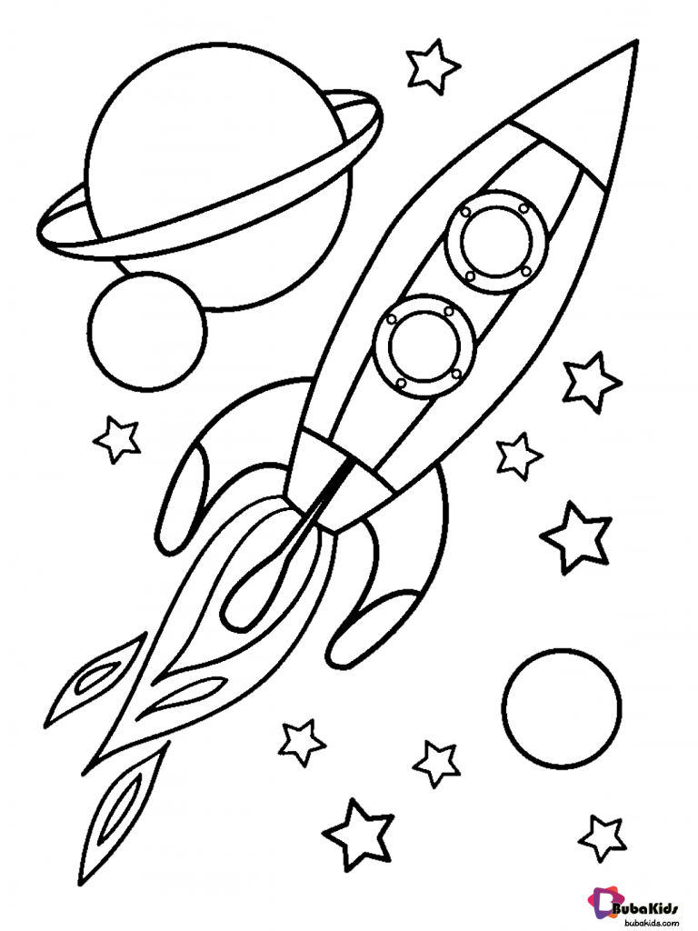 planets stars and rocket in outer space coloring page