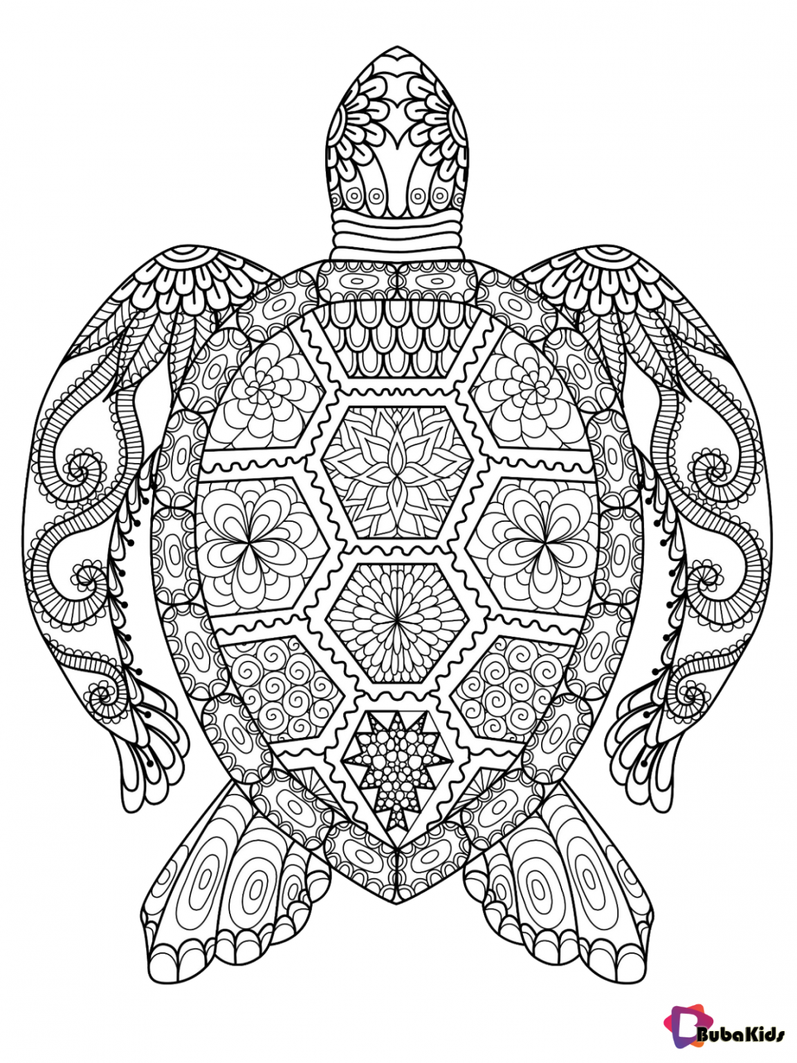 Sea turtle animal mandala coloring page | BubaKids.com