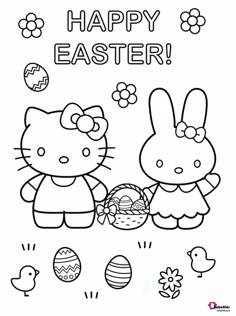 Happy easter Hello kitty and easter bunny coloring