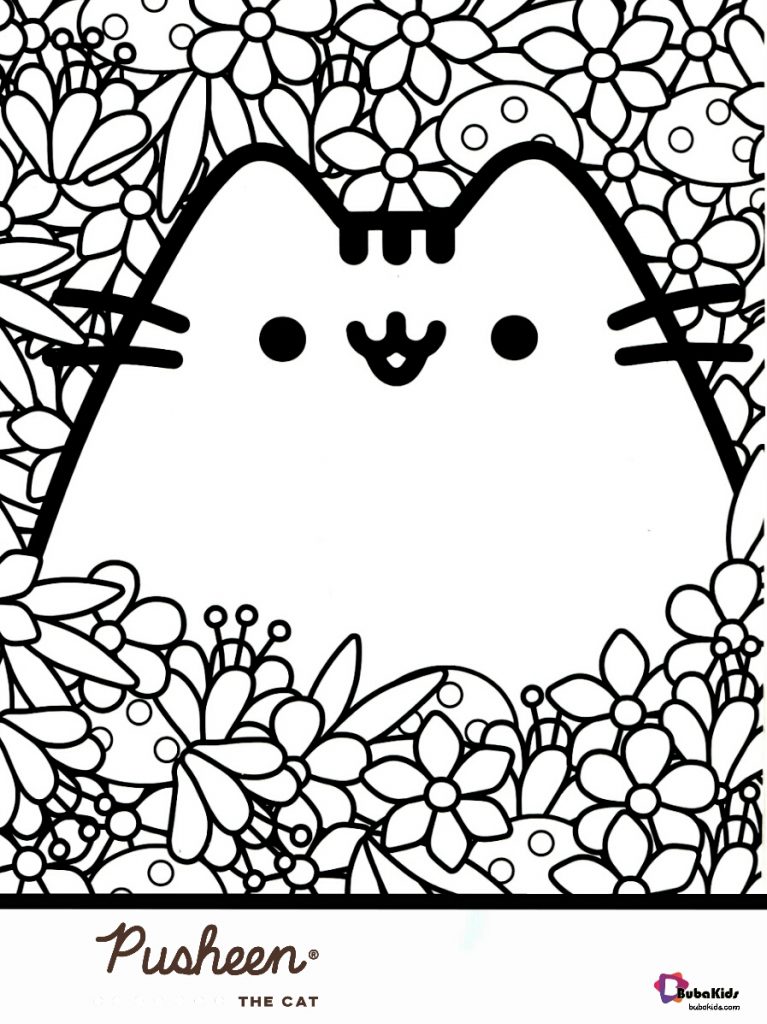 Pusheen the cat and flowers coloring page