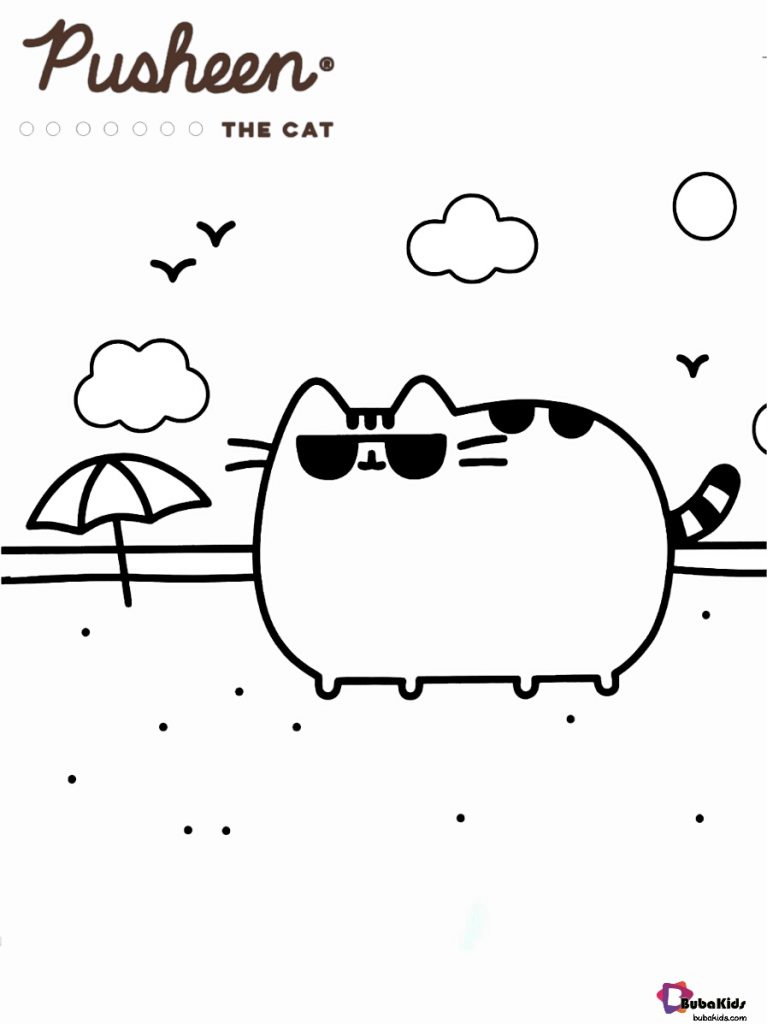 Pusheen the cat at beach coloring page