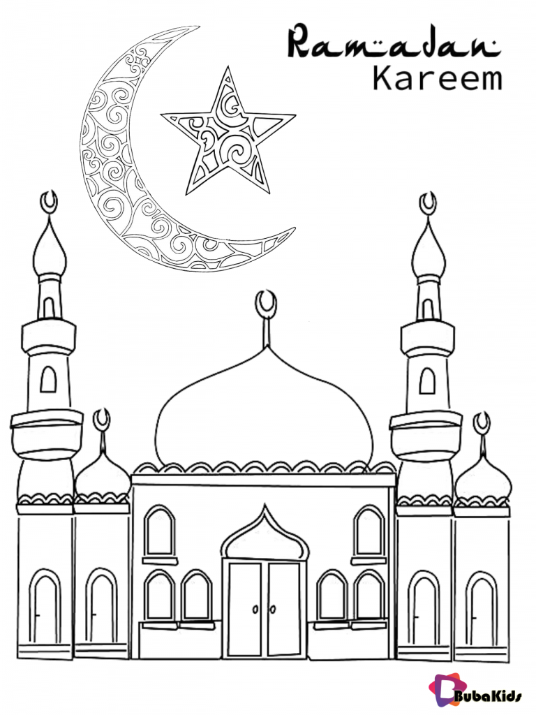 ramadan kareem mosque crescent and star coloring page
