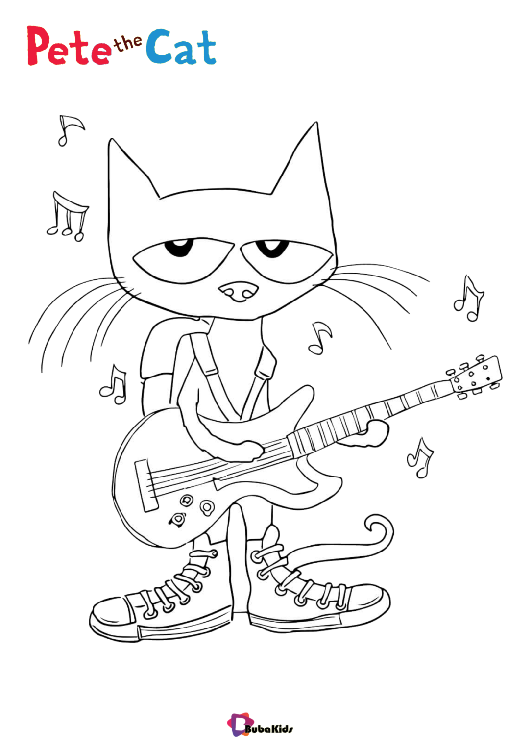 Pete the Cat playing guitar coloring page cartoon cat