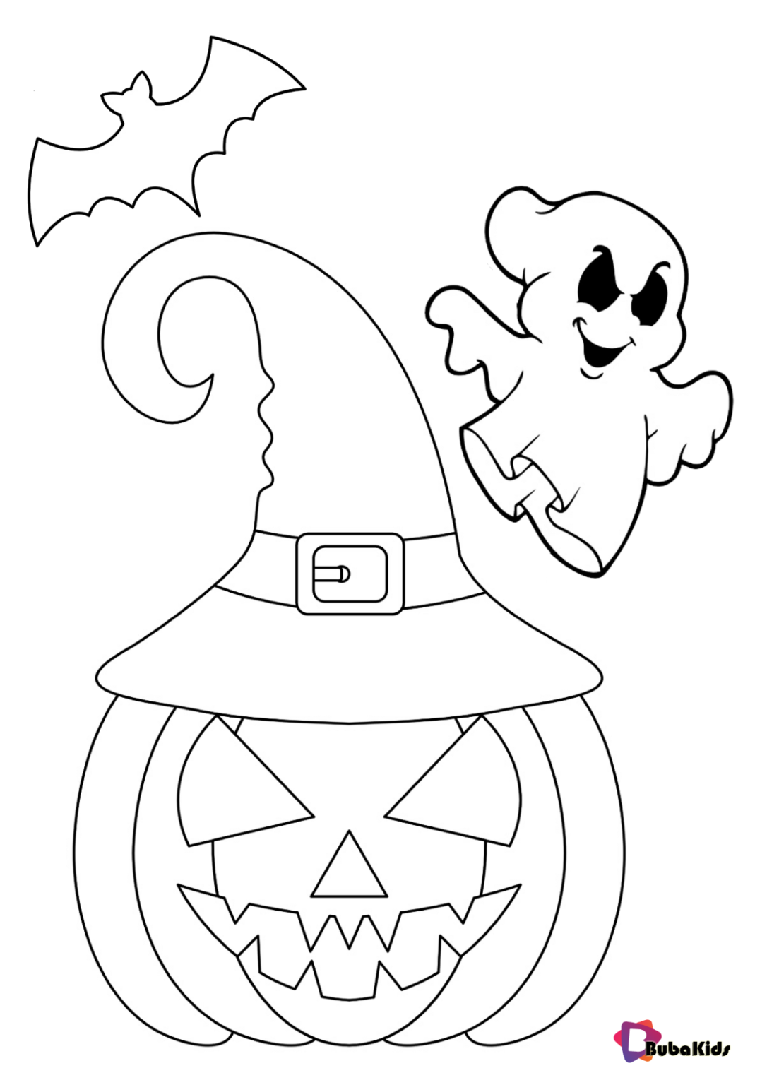 Halloween 2020 pumpkin ghost and bat coloring page | BubaKids.com
