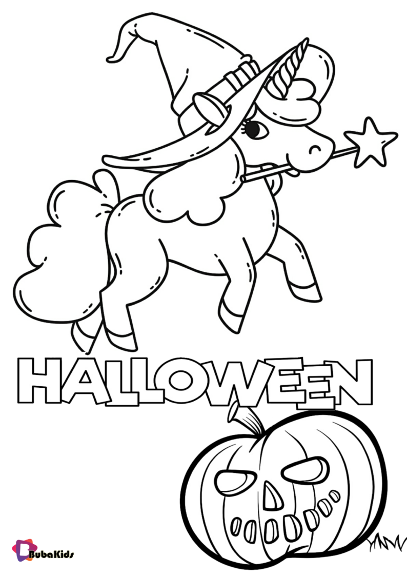 unicorn and pumpkin halloween coloring page