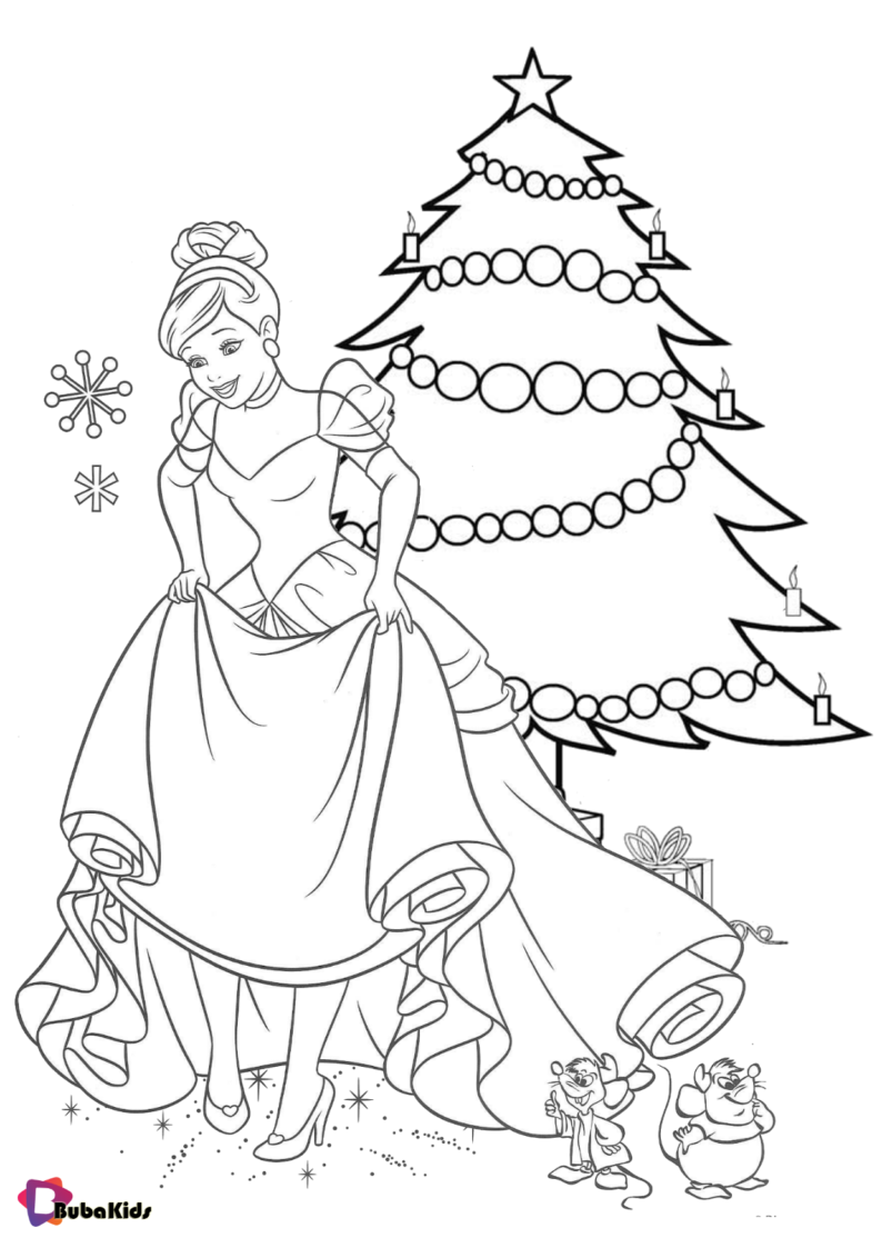 Cinderella Disney Princess and christmas tree coloring page BubaKids com
