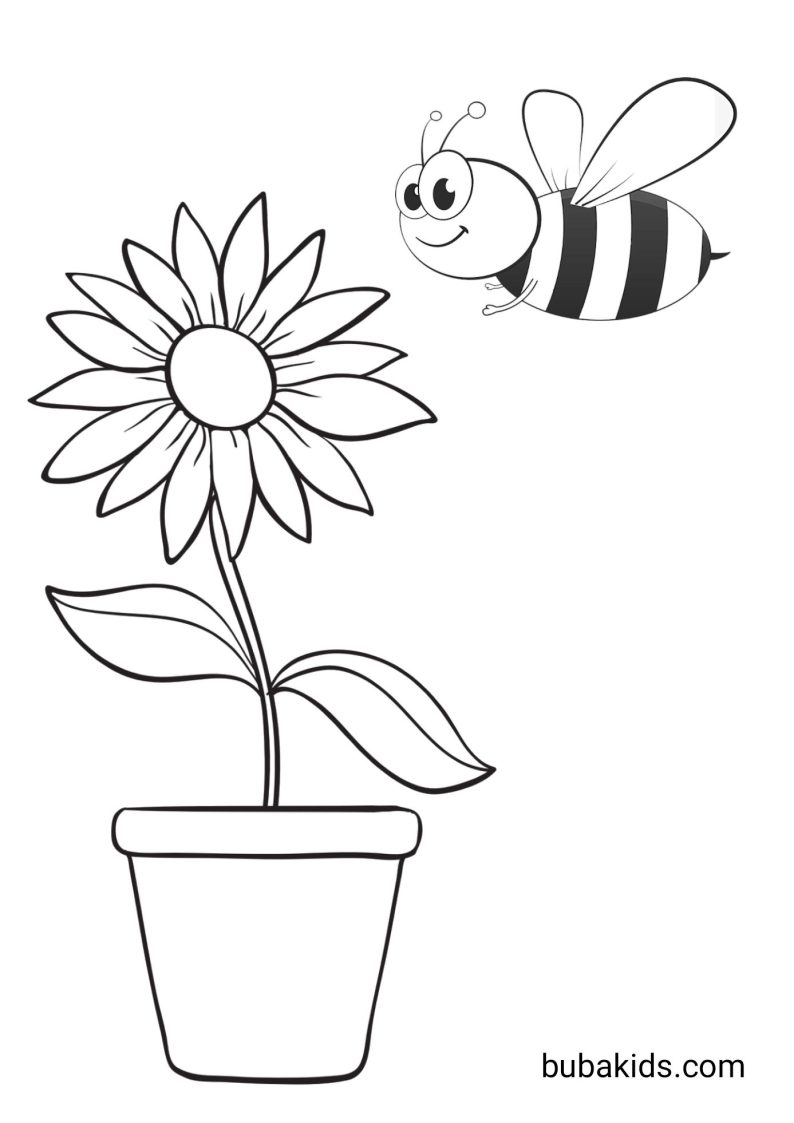 Flower and Bee easy coloring page BubaKids com
