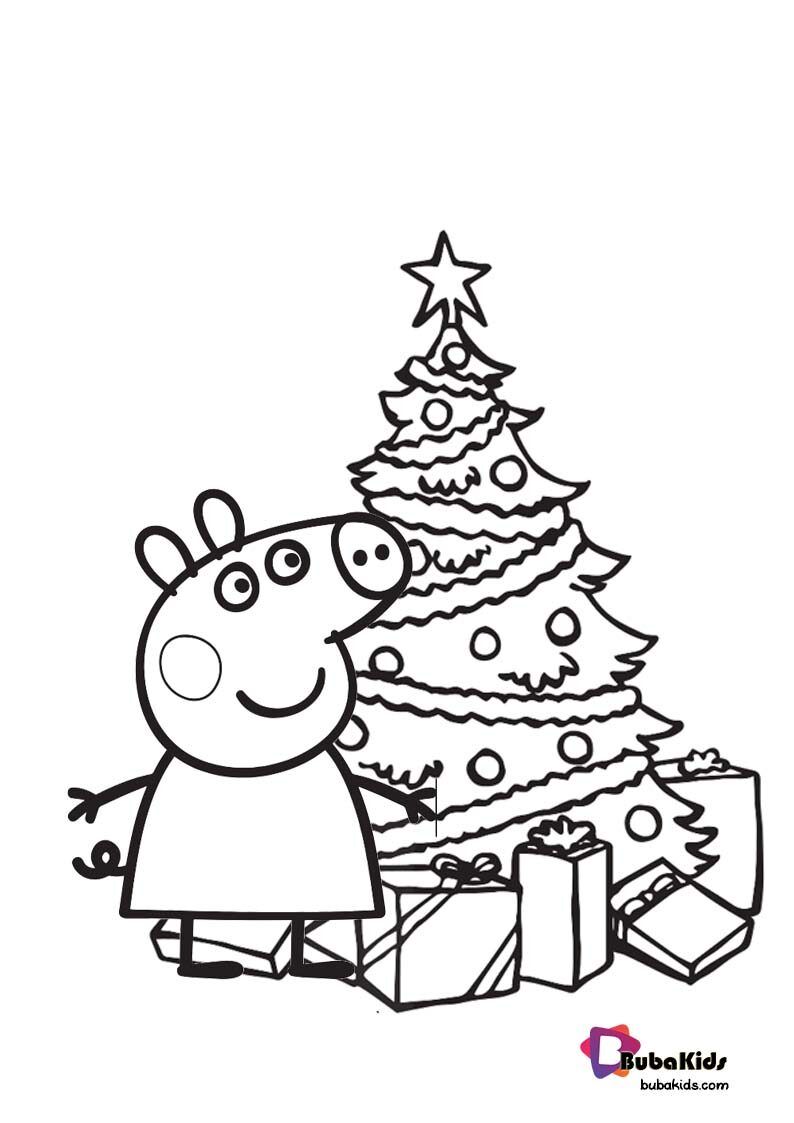 Peppa pig and christmas tree coloring page for kids