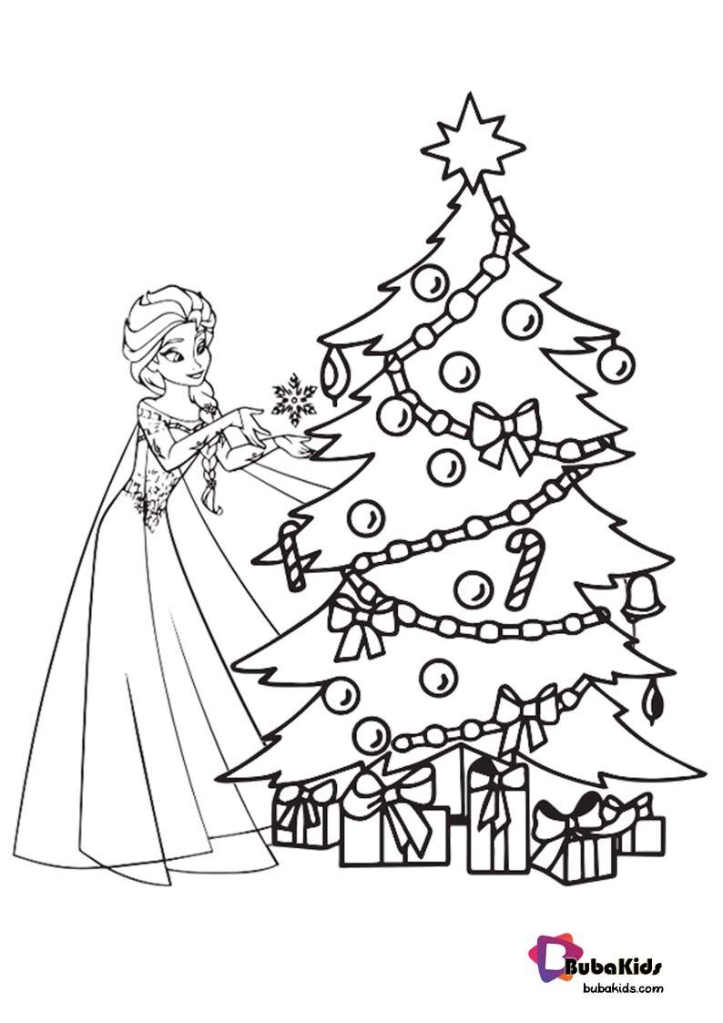 Princess Elsa and Christmas Tree Coloring Page BubaKids com