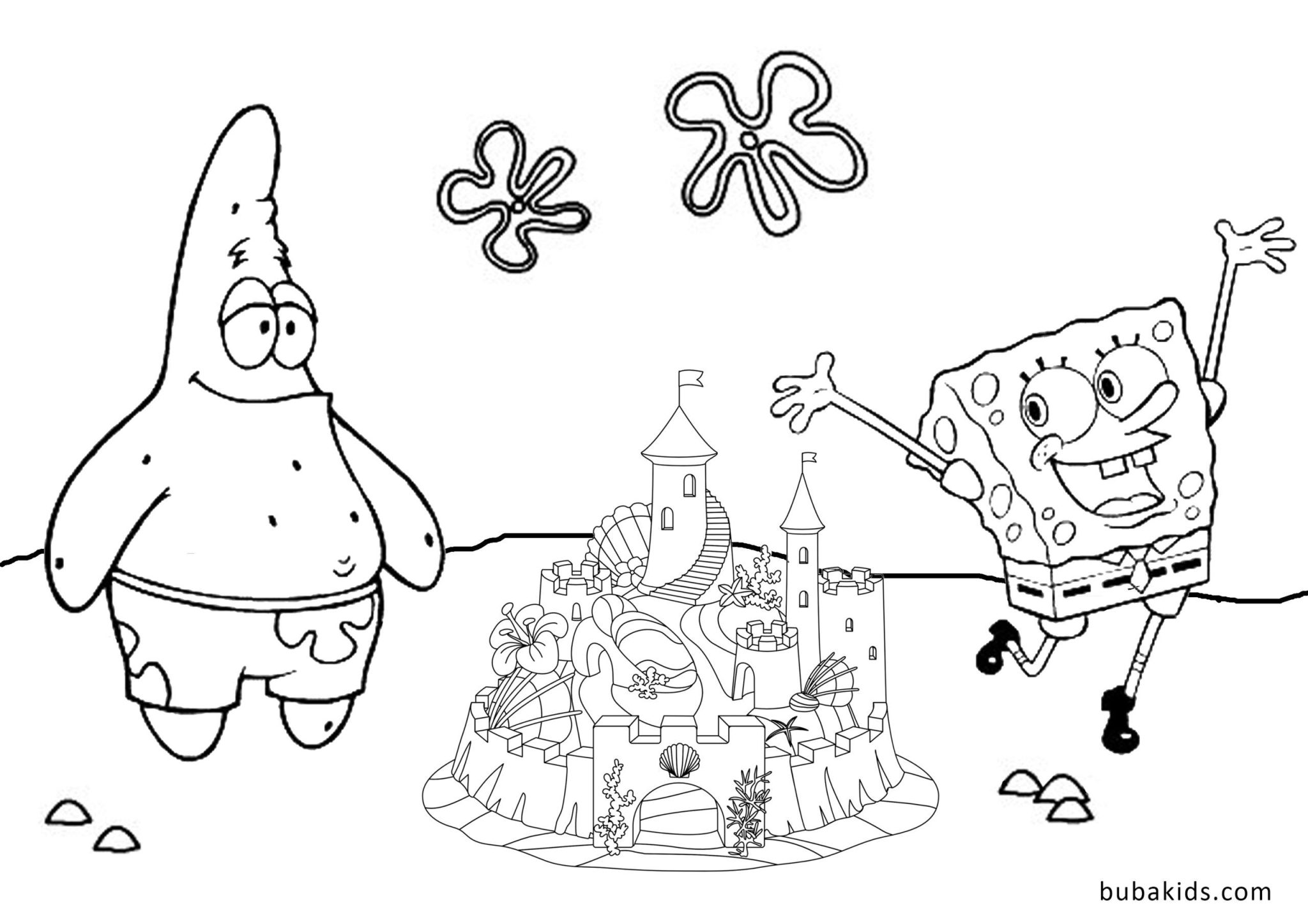 Summer coloring pages Spongebob and Patrick sand castle at beach
